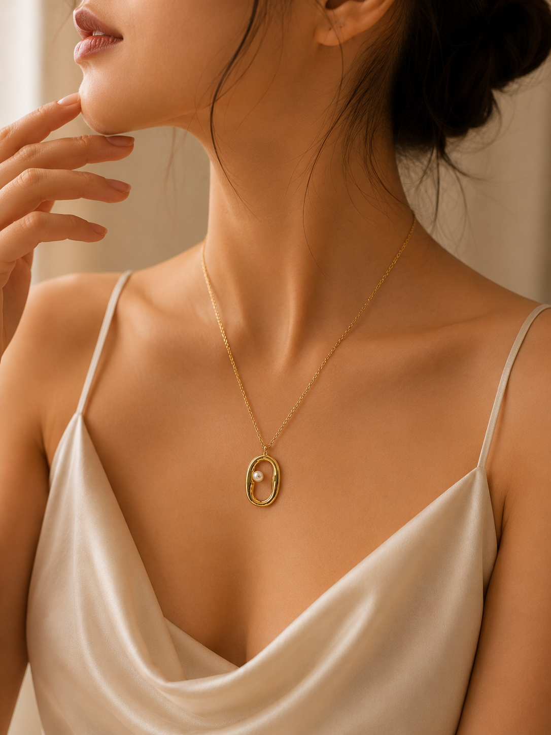 Gold Oval Pearl Pendant Necklace view 3