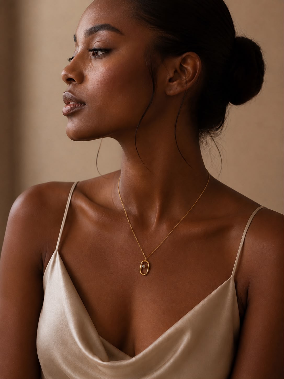 Gold Oval Pearl Pendant Necklace view 4