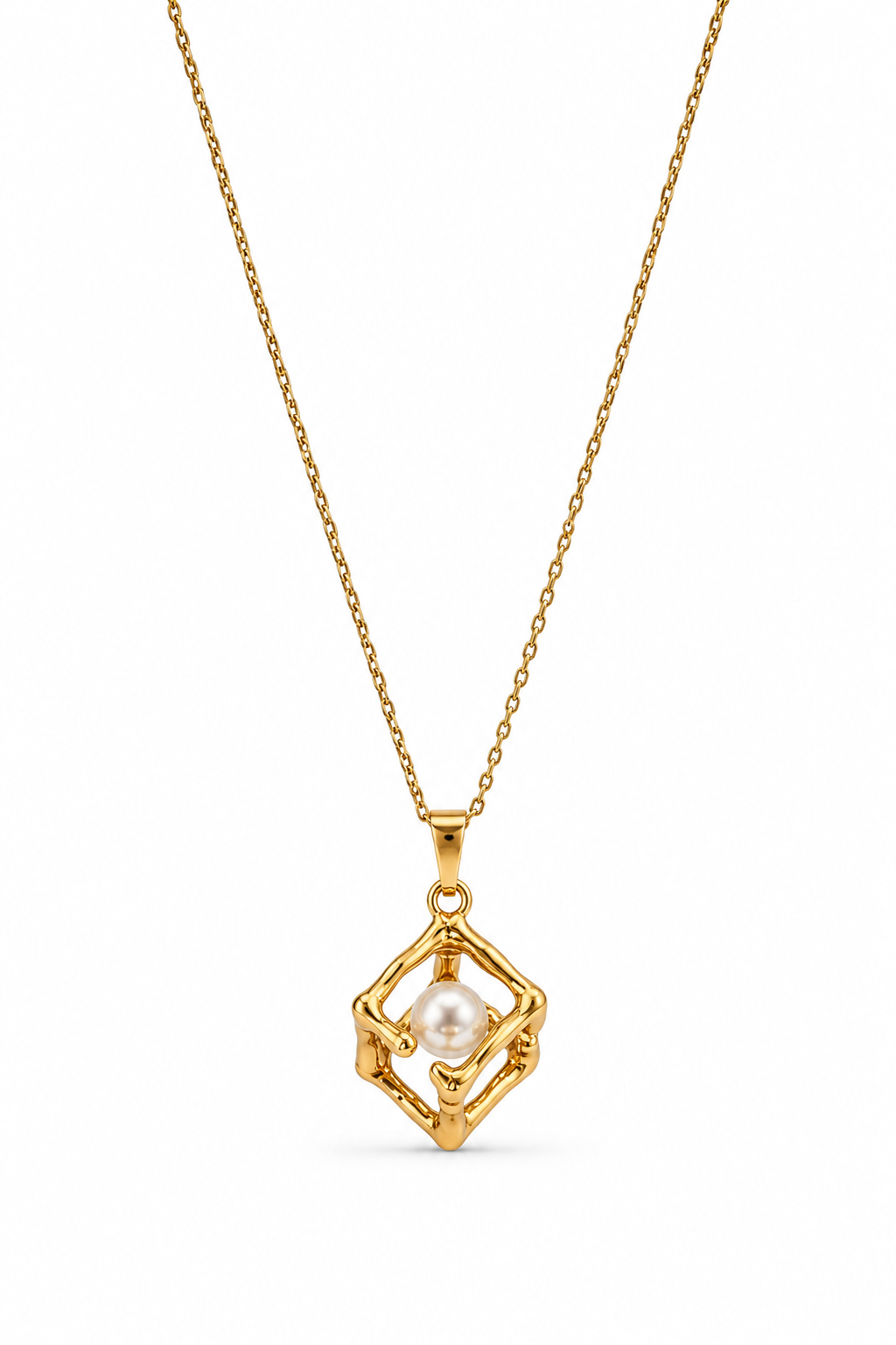 Gold Pearl Cube Pendant Necklace view 2