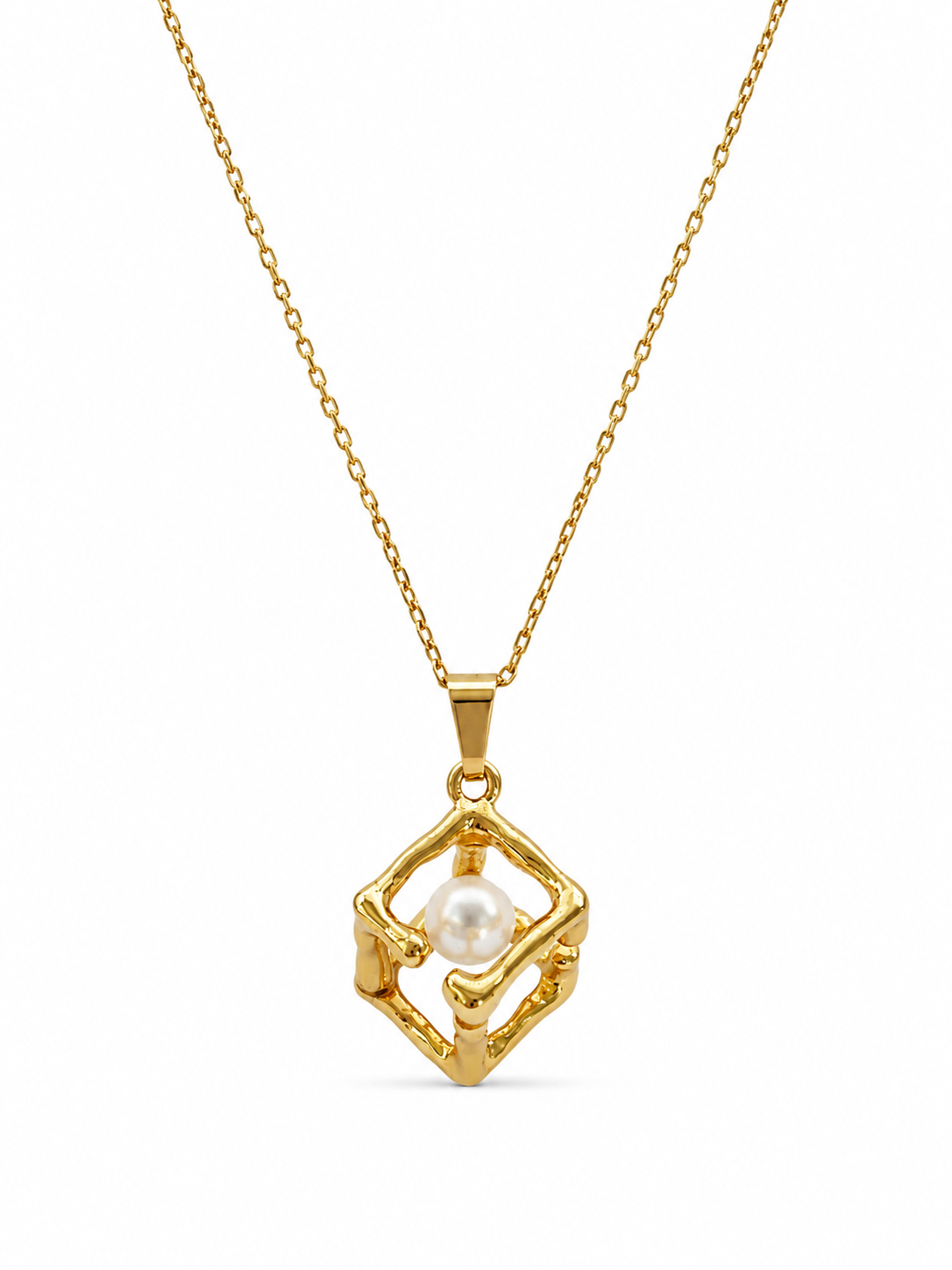 Gold Pearl Cube Pendant Necklace - EVN Jewellery UK