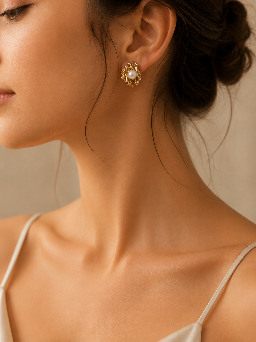 Gold Pearl Leaf Stud Earrings view 2