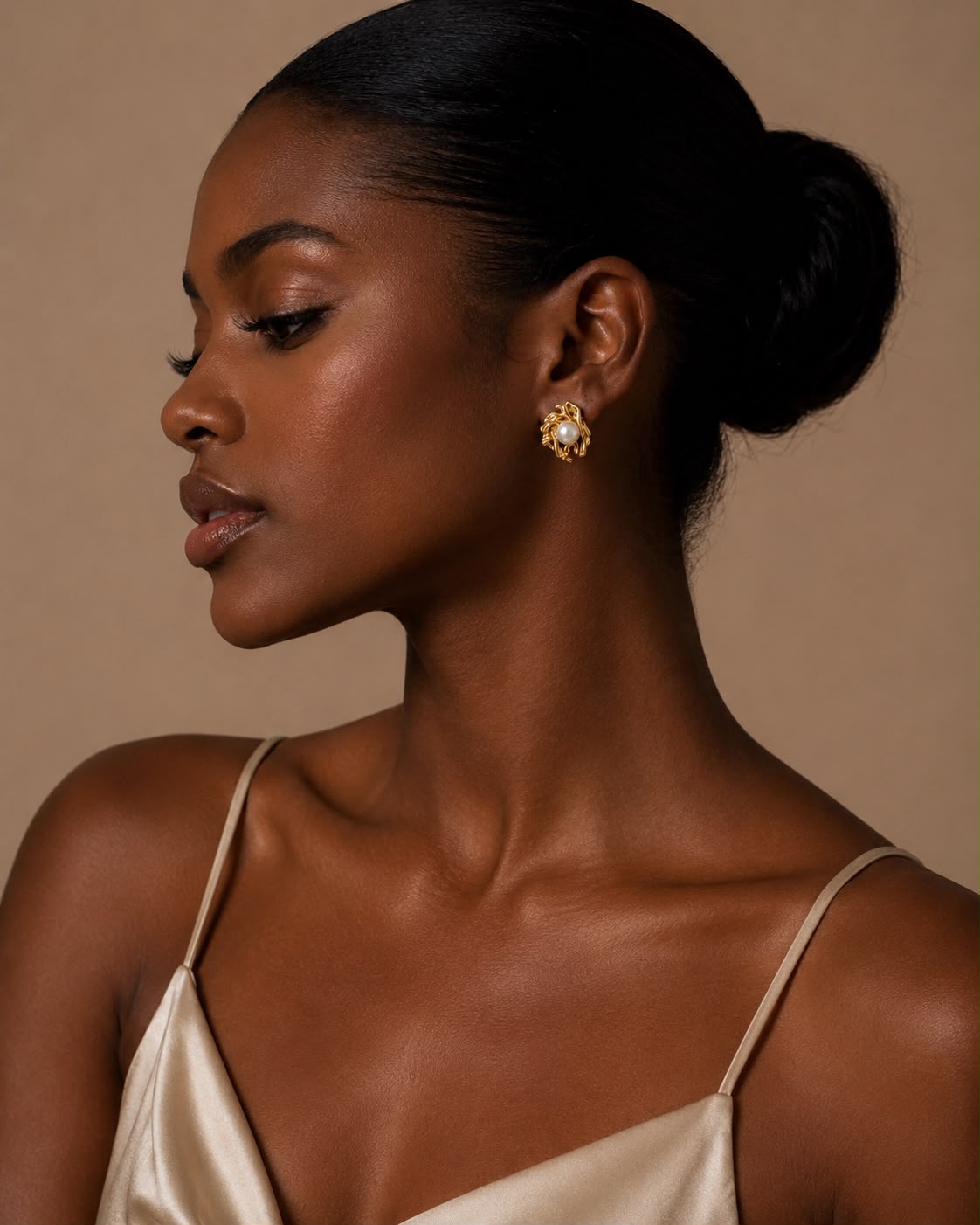 Gold Pearl Leaf Stud Earrings view 3