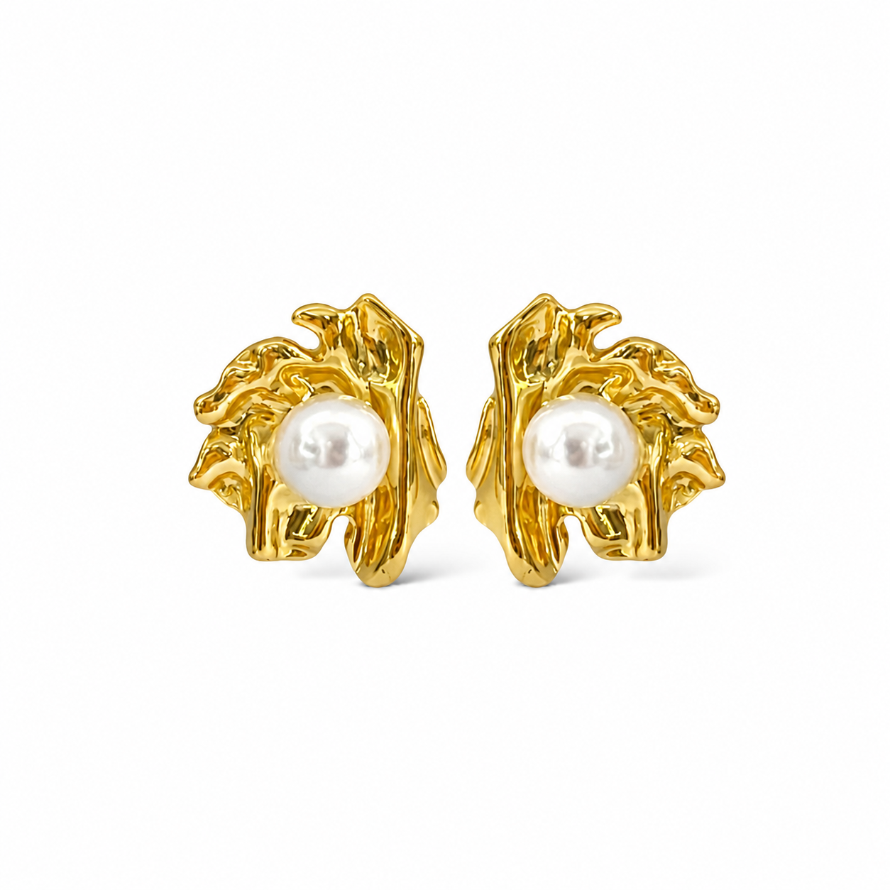 Gold Pearl Leaf Stud Earrings - EVN Jewellery UK