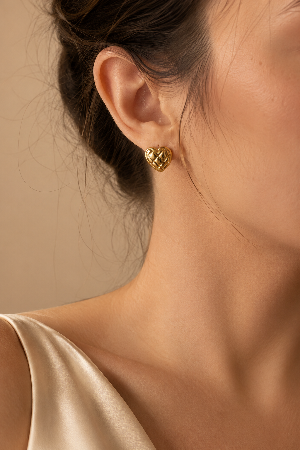 Gold Quilted Heart Stud Earrings view 2